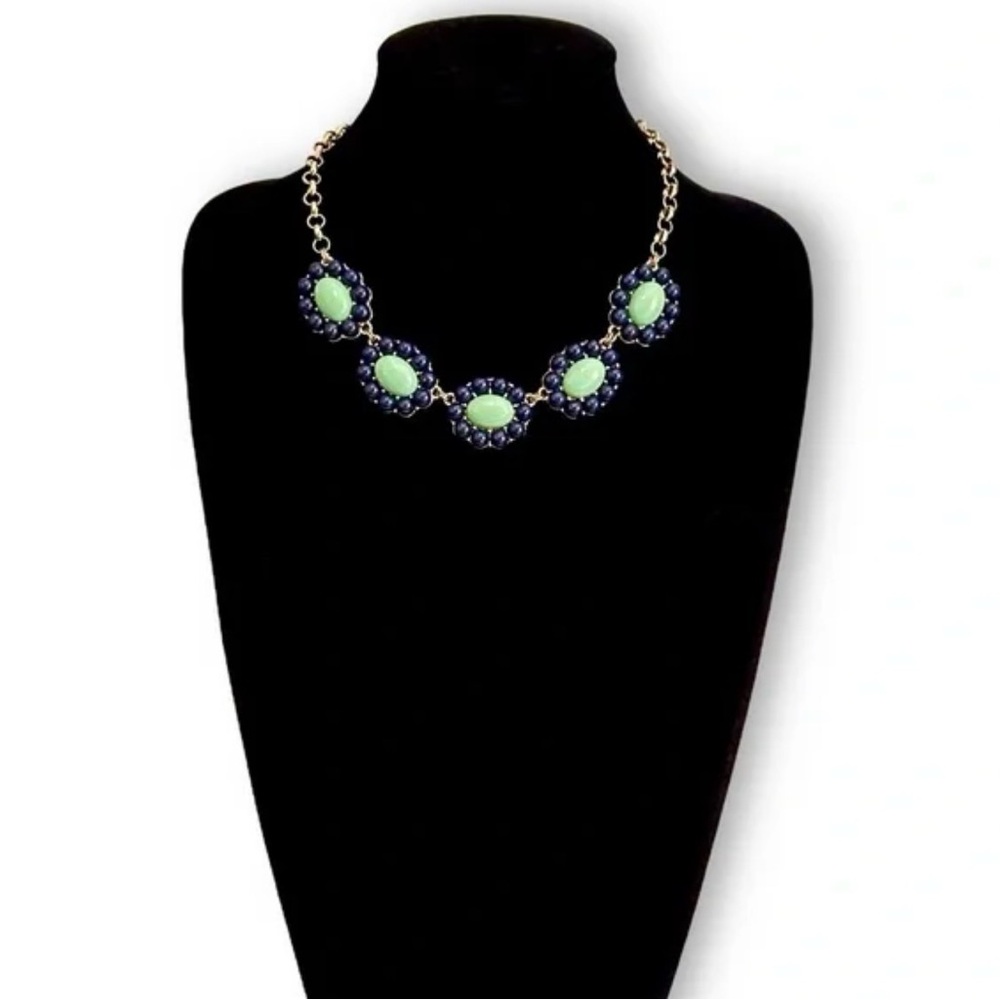 Banana Republic Navy Blue & Mint Green Floral Bib Necklace - Picture 3 of 5